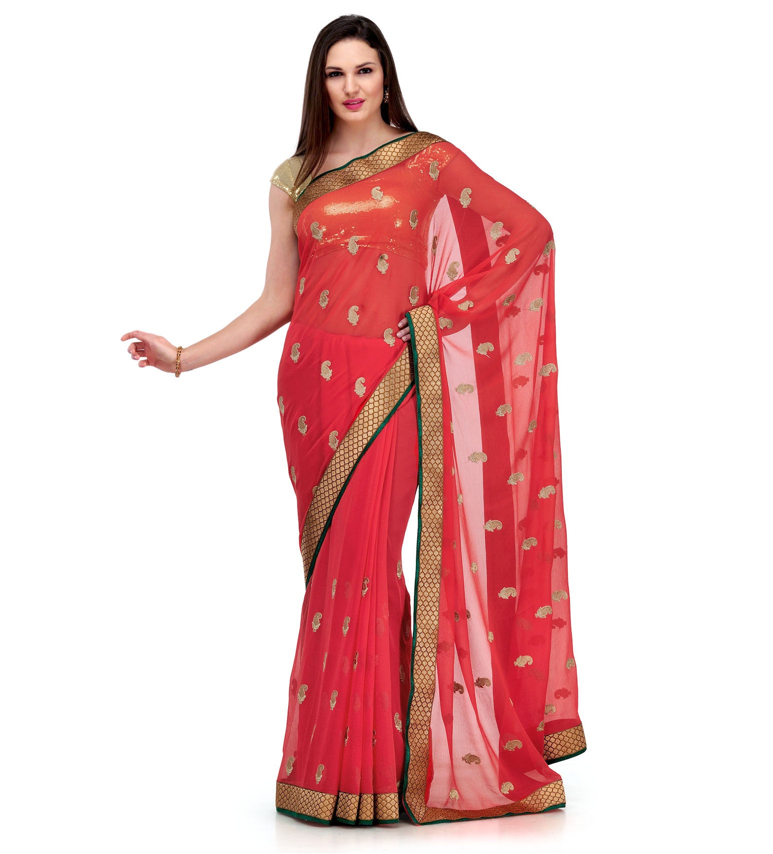 Rose Pink Faux Chiffon Saree with Zari Buti