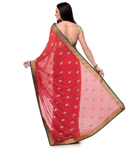 Rose Pink Faux Chiffon Saree with Zari Buti