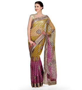 Wine & Mustard Shaded Net Saree