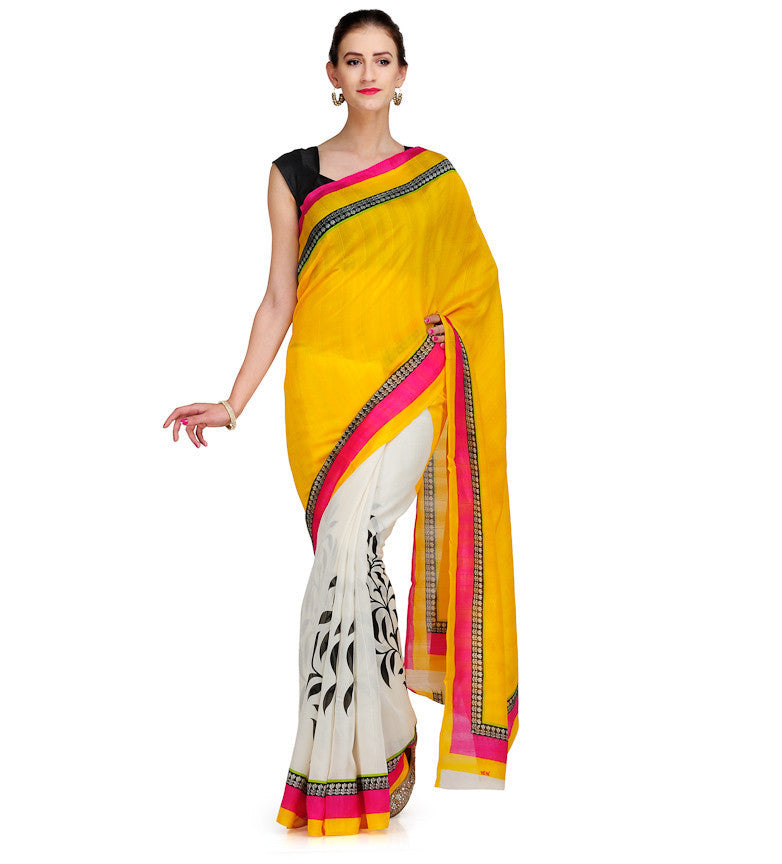 Yellow & White Printed Art Silk Saree