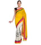 Yellow & White Printed Art Silk Saree