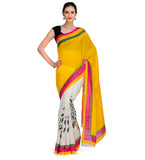 Yellow & White Printed Art Silk Saree