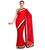 Red Satin Saree with Brocade Border