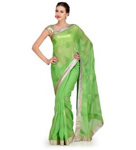 Green Faux Chiffon Foil Printed Saree