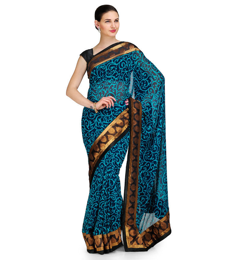 Blue Faux Georgette Printed Saree