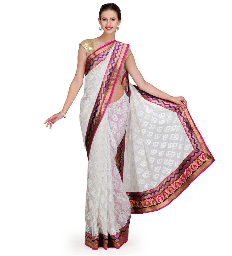 White Brasso Art Silk Saree with Resham Border