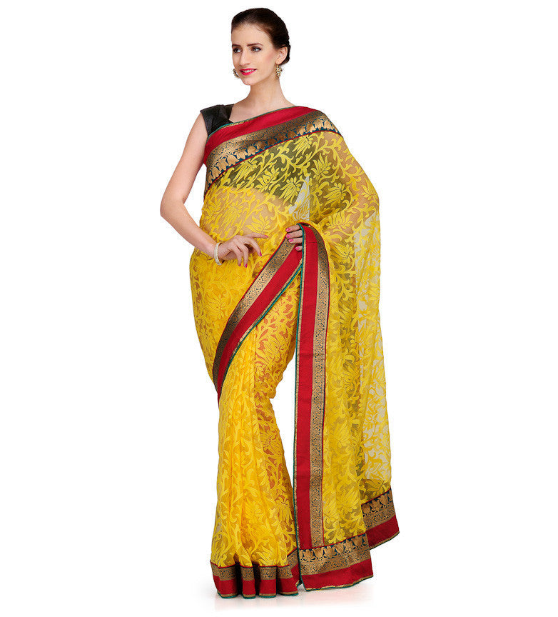 Yellow Brasso Saree with Zari Border