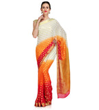 Cream & Orange Shaded Faux Chiffon Saree