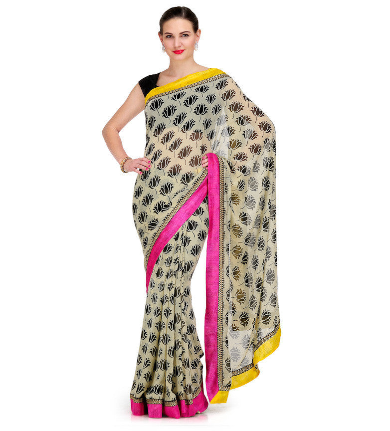 Cream Faux Georgette Printed Saree