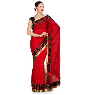 Red Faux Chiffon Saree