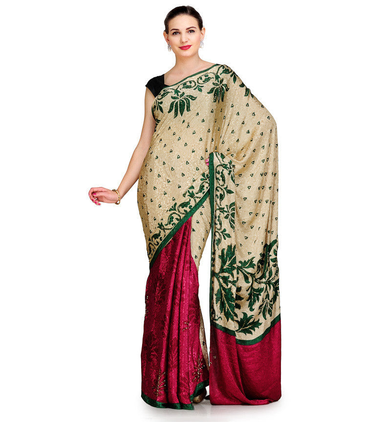 Fawn & Maroon Semi Crepe Jacquard Saree