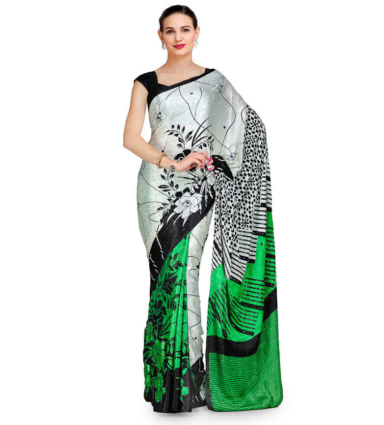 Green & Off White Semi Crepe Saree