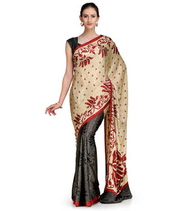 Fawn and Black Semi Crepe Saree