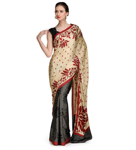 Fawn and Black Semi Crepe Saree