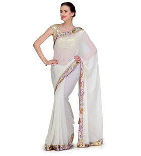 Off White Faux Georgette Saree