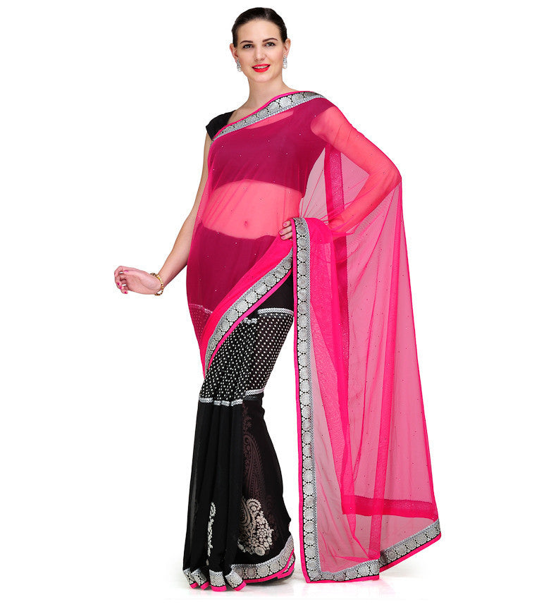 Magenta & Black Faux Georgette Saree