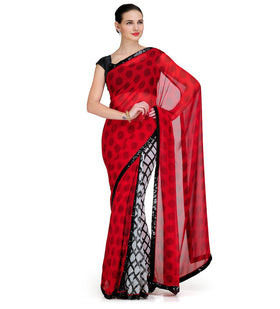 Red Faux Georgette Printed Saree