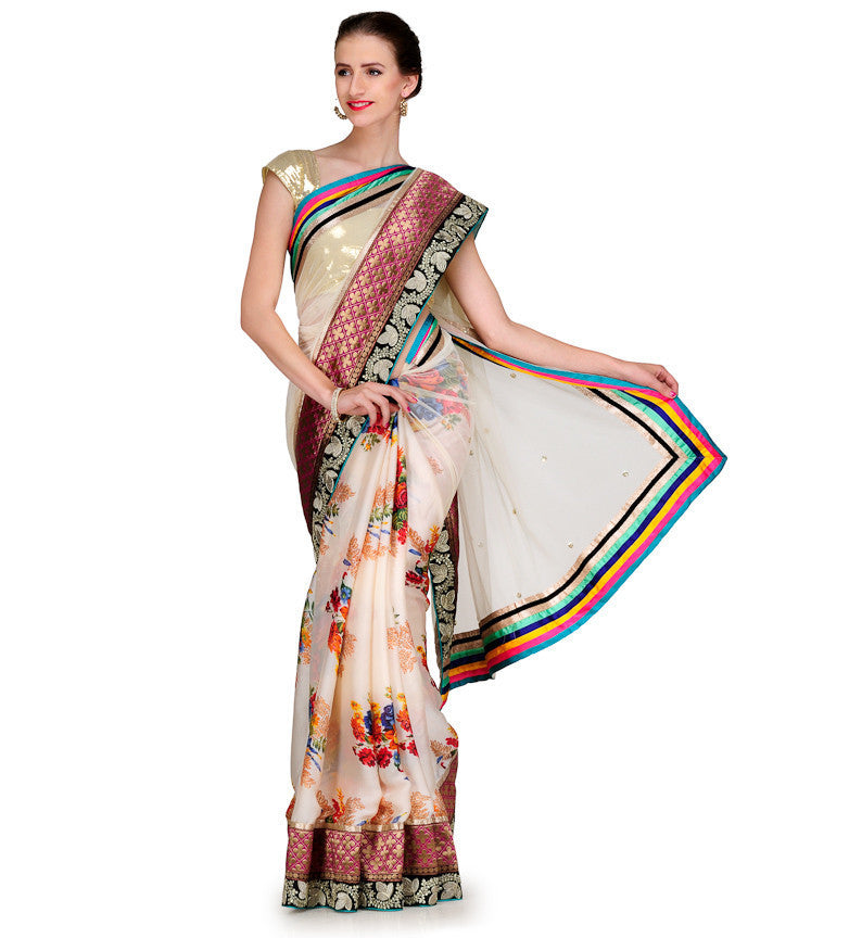 Cream Net & Faux Georgette Printed Saree