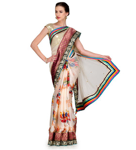 Cream Net & Faux Georgette Printed Saree