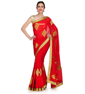 Red Faux Georgette Saree with Zari Work