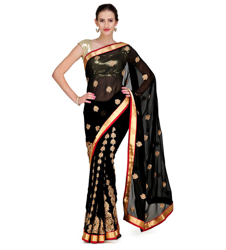 Black Faux Chiffon Saree with Zari Buta