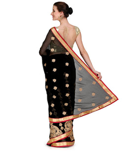 Black Faux Chiffon Saree with Zari Buta