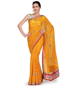 Yellow Viscose Leheriya Printed Saree