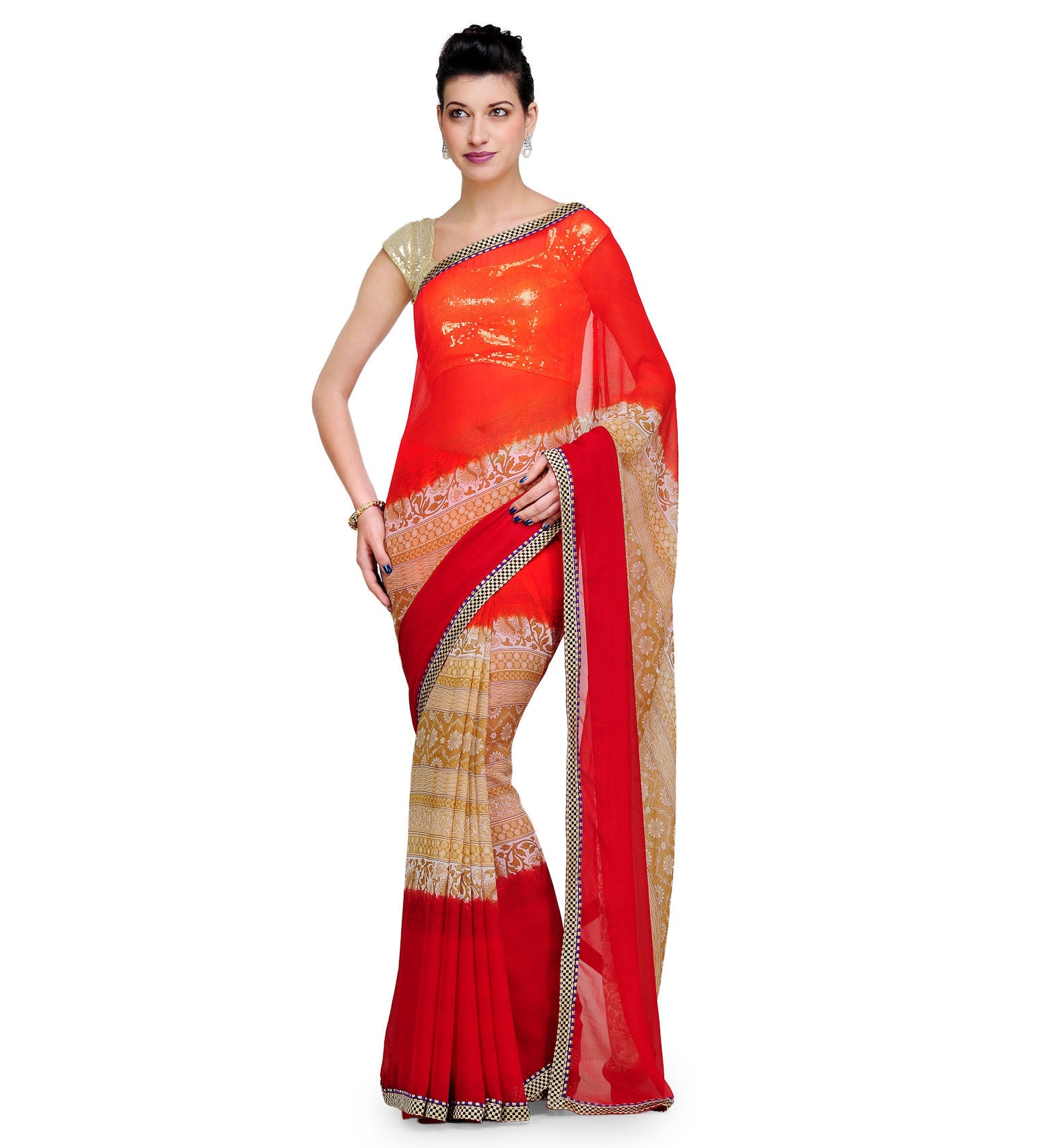 Orange Shaded Faux Chiffon Saree