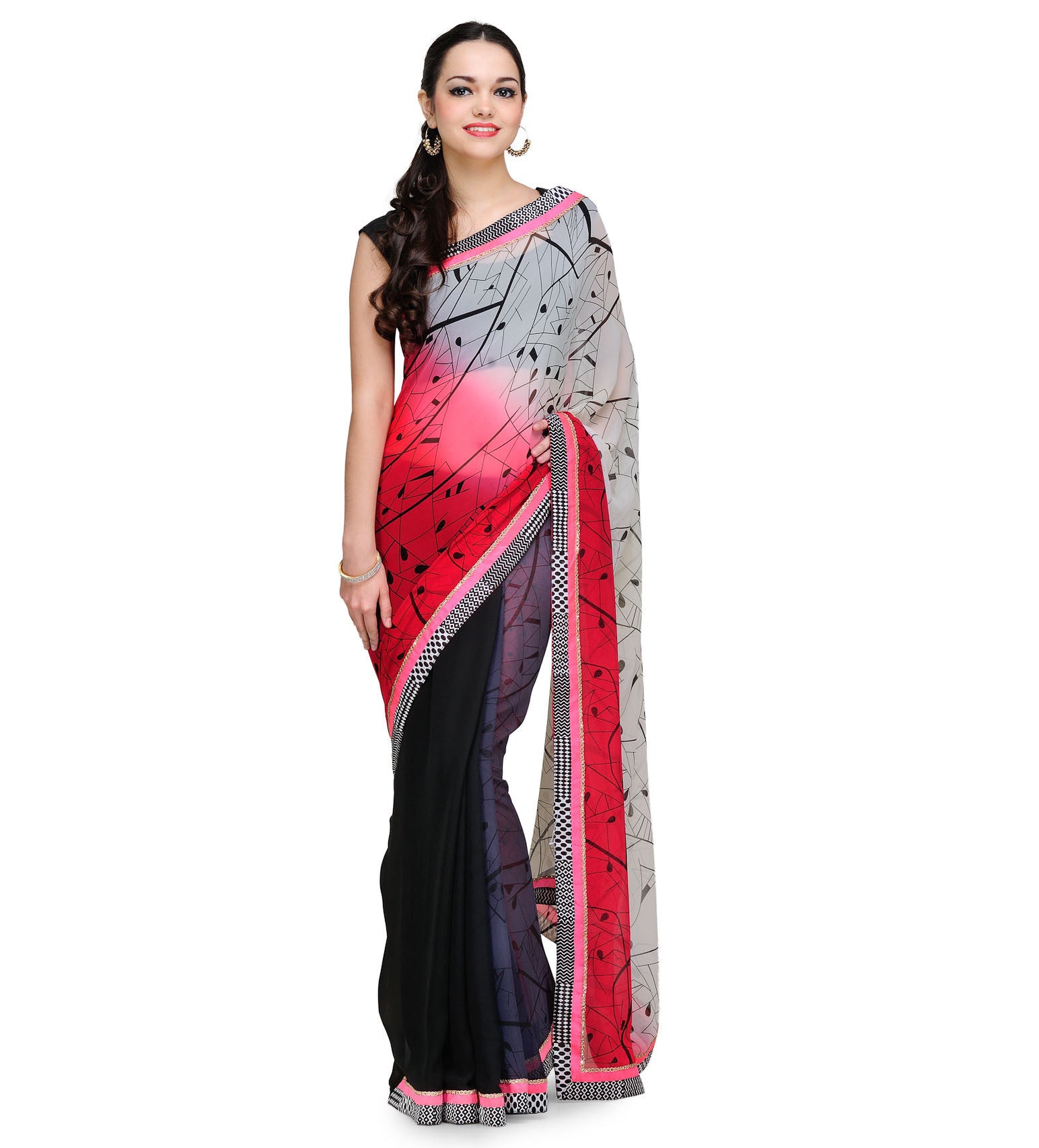 Grey & Red Shaded Faux Georgette Saree