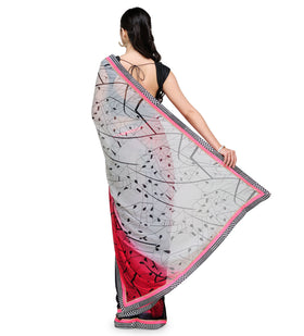 Grey & Red Shaded Faux Georgette Saree