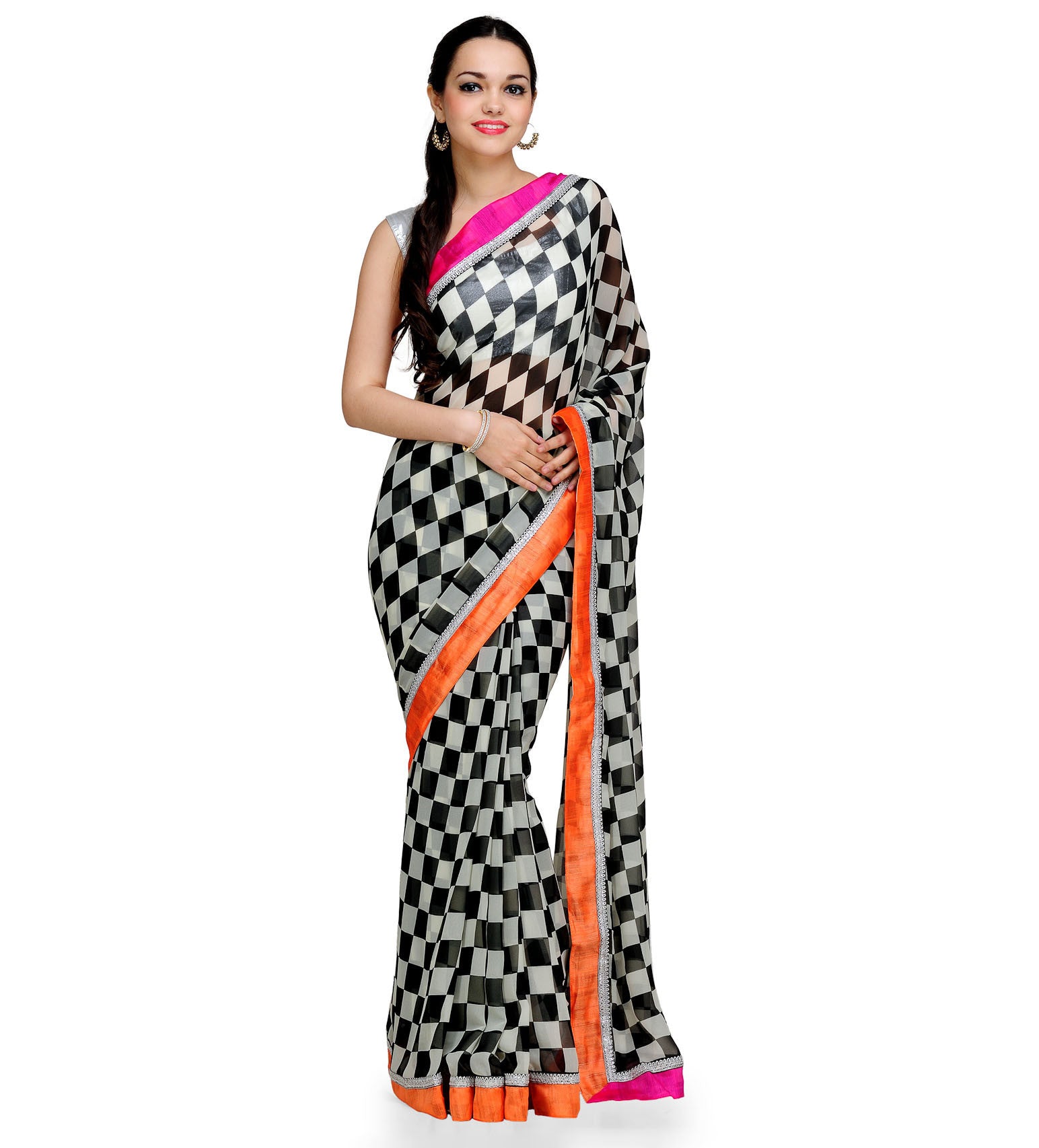 Black & White Faux Georgette Printed Saree