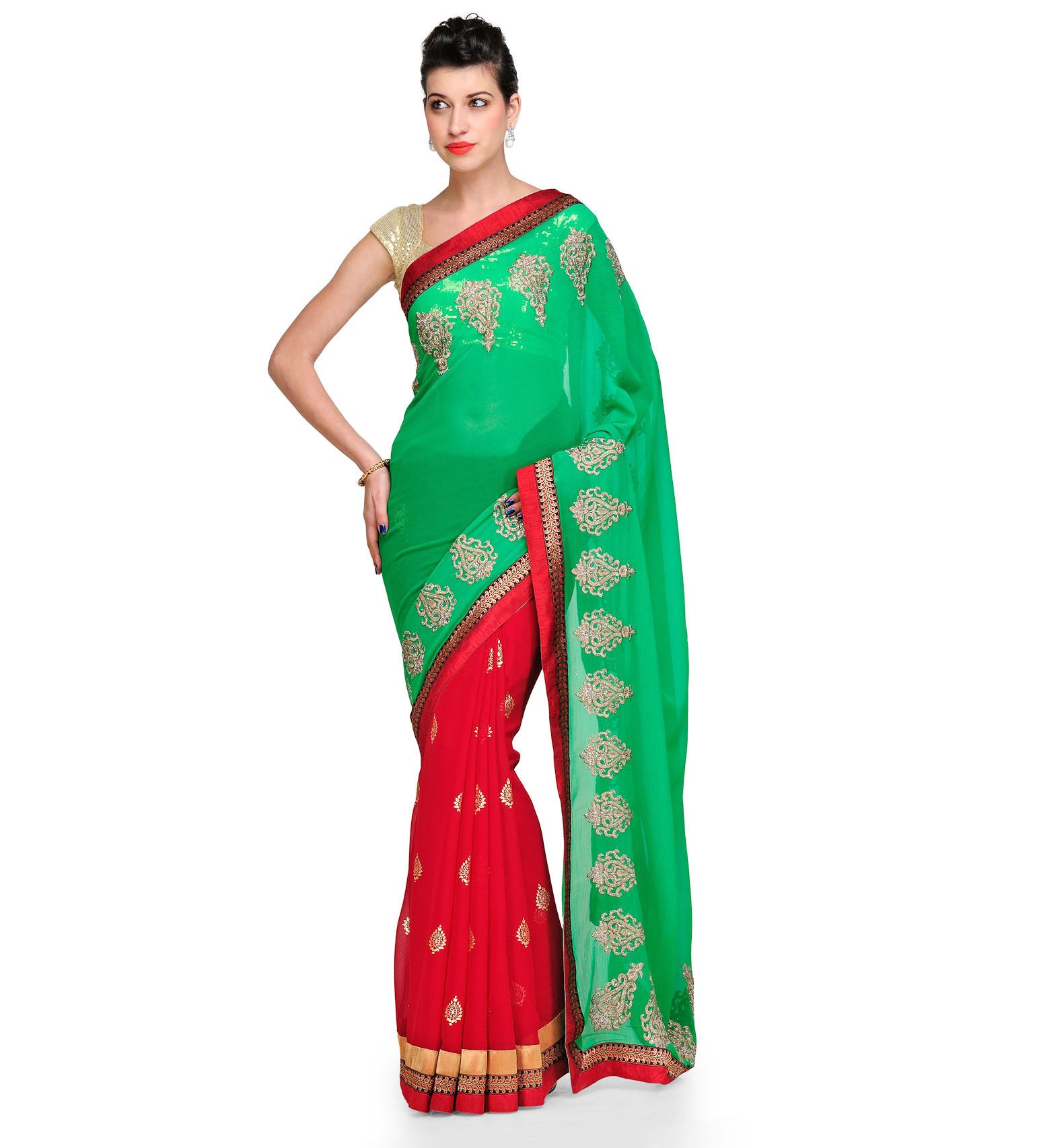 Maroon & Green Faux Chiffon Saree