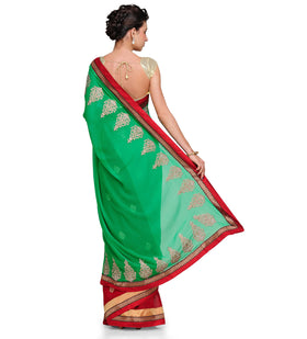 Maroon & Green Faux Chiffon Saree