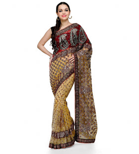 Beige Tissue Saree with Velvet Stone Work