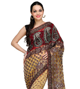 Beige Tissue Saree with Velvet Stone Work