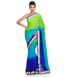 Green & Blue Shaded Faux Georgette Saree