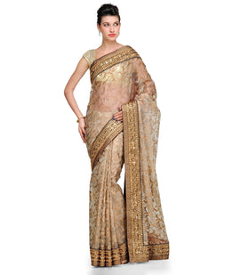 Beige Tissue Brasso Saree with Zari Border