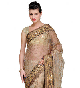 Beige Tissue Brasso Saree with Zari Border