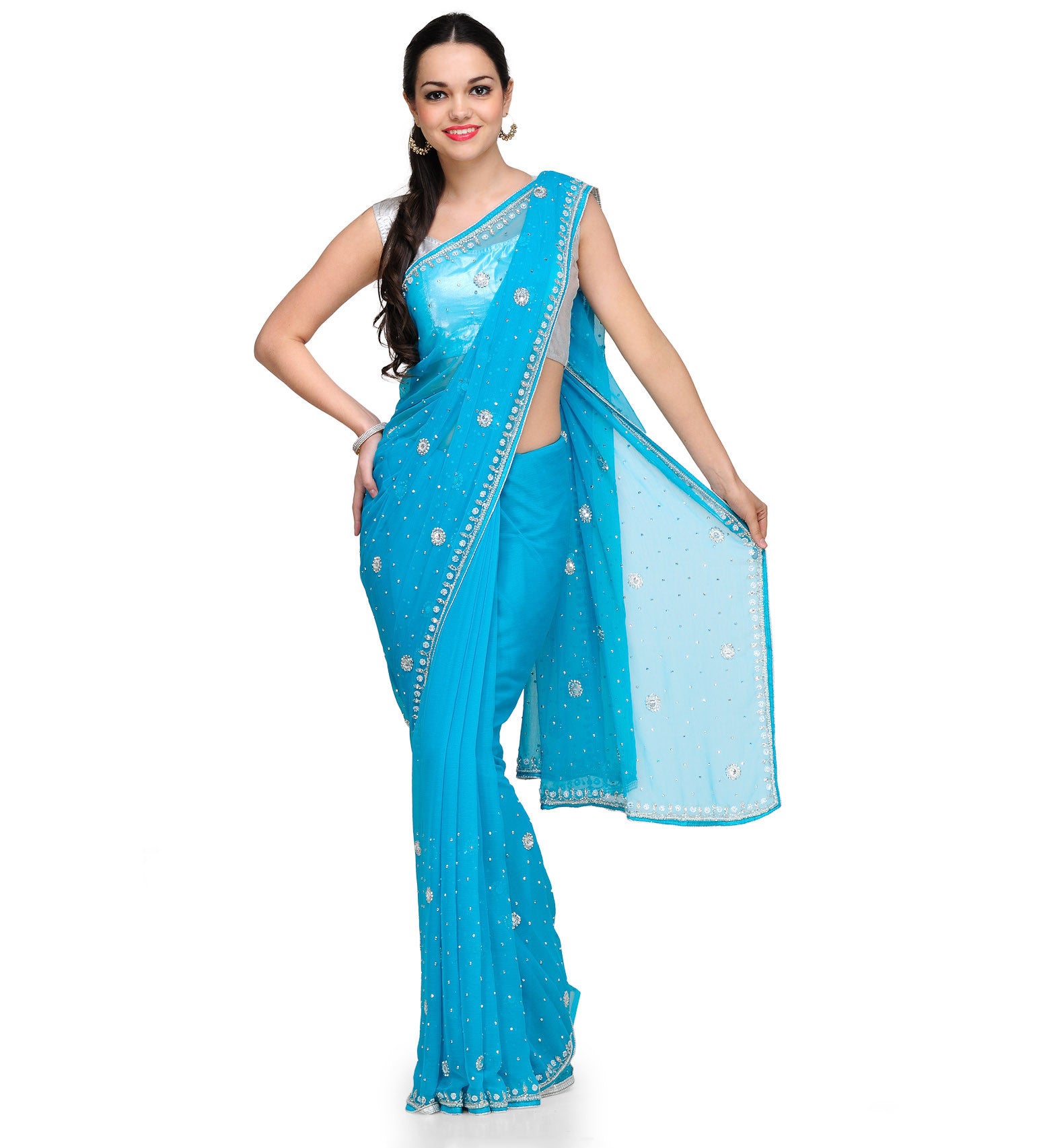 Turquoise Faux Chiffon Saree