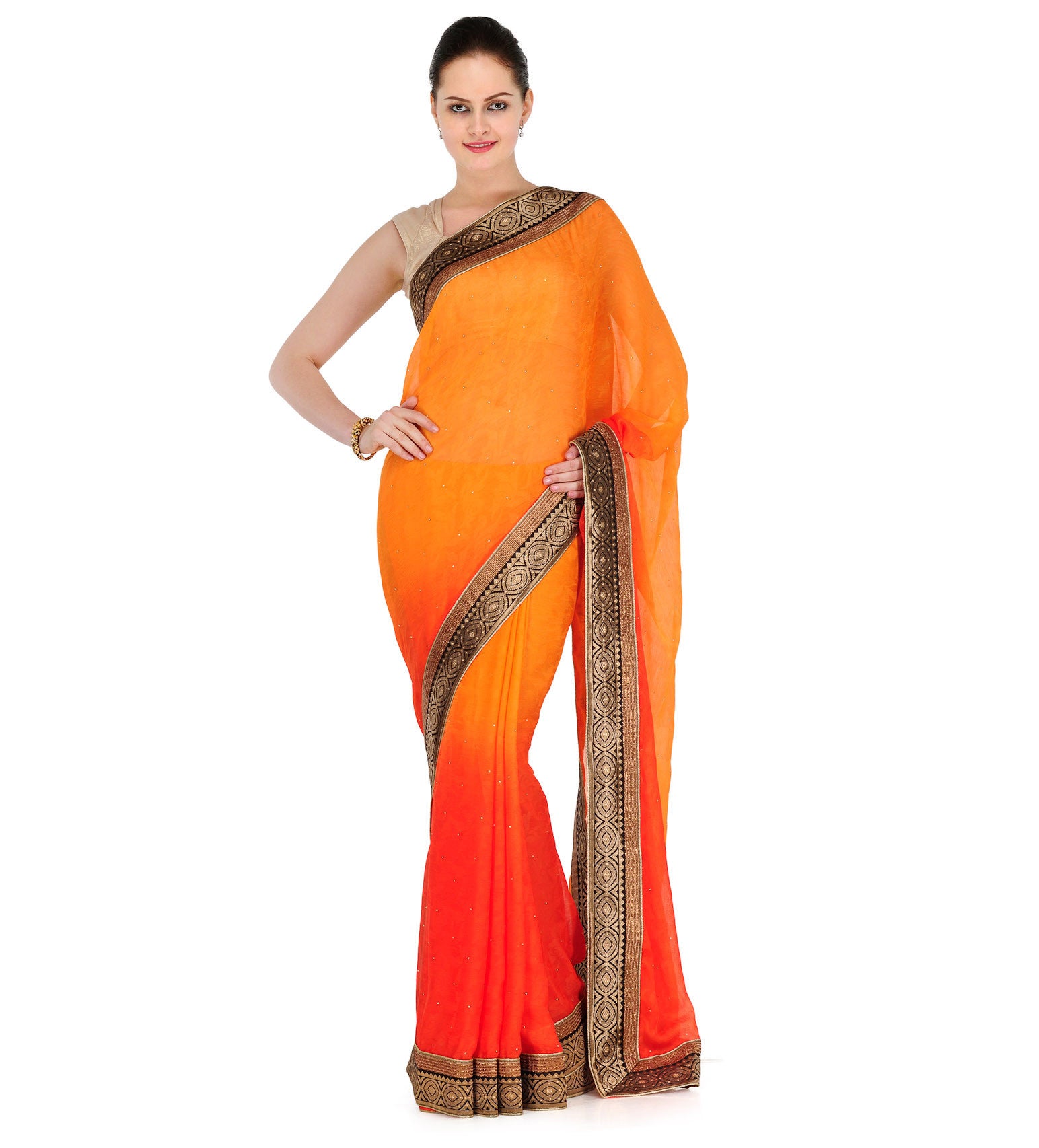 Orange Shaded Faux Chiffon Saree