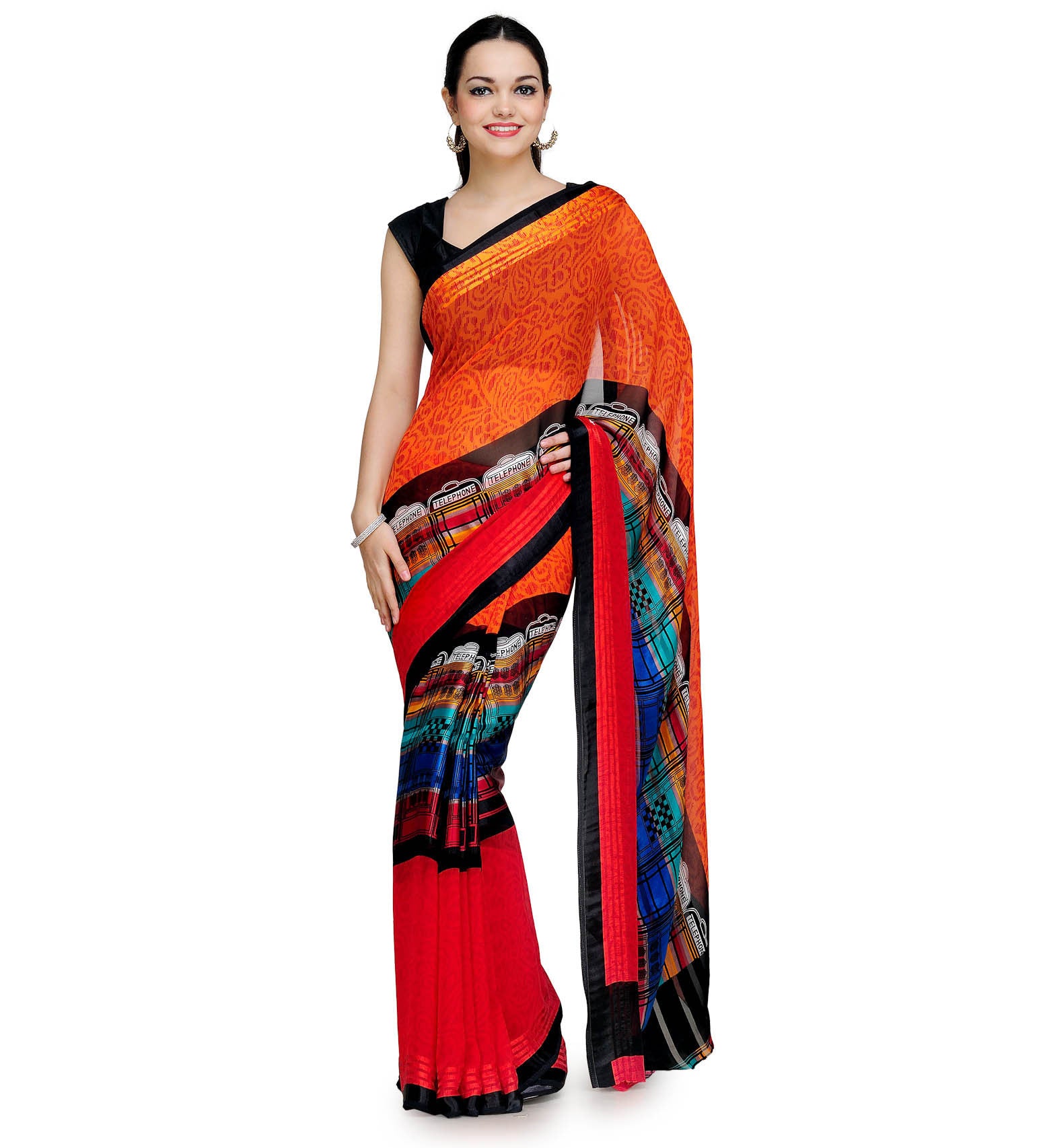 Orange & Red Faux Georgette Saree