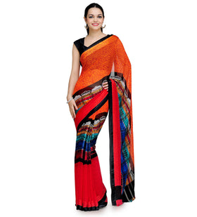 Orange & Red Faux Georgette Saree