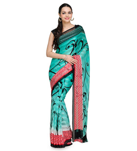 Sea Green Faux Georgette Printed Saree