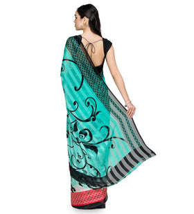 Sea Green Faux Georgette Printed Saree