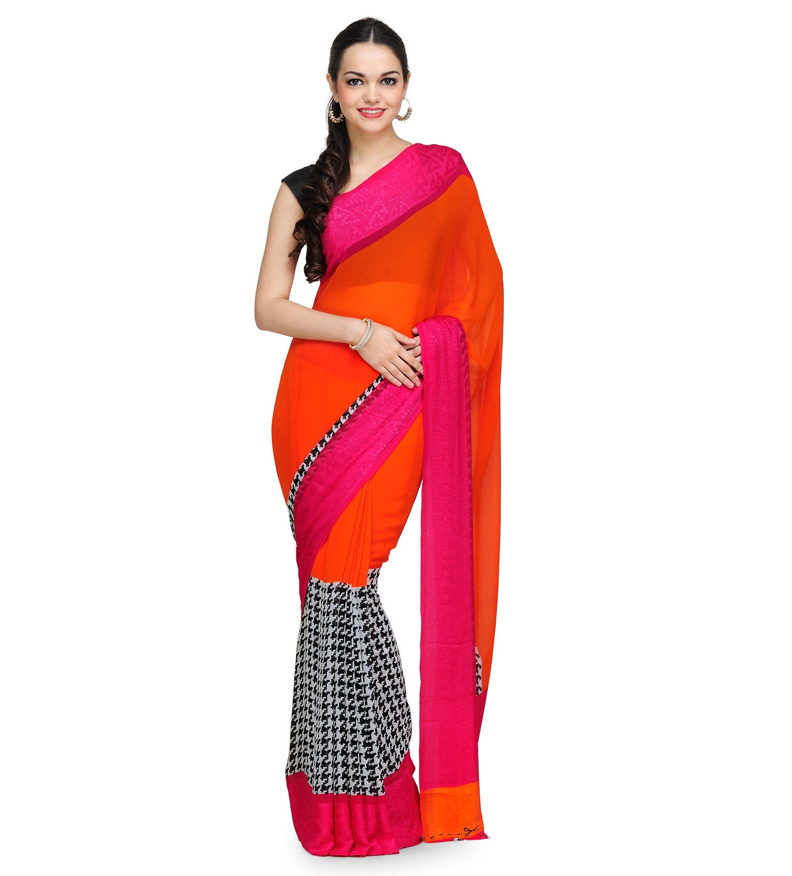 Orange Faux Georgette Printed Saree