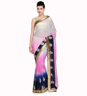 White & Pink Shaded Faux Chiffon Saree