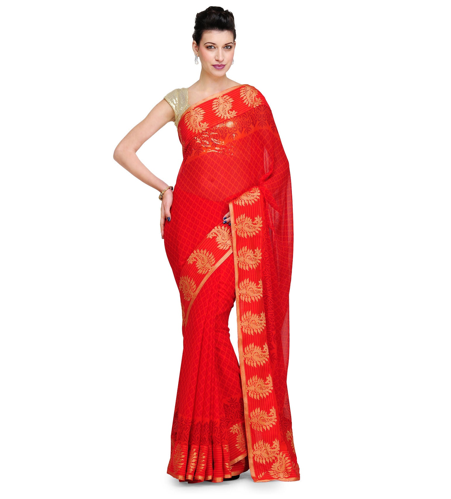 Rust Faux Georgette Printed Saree