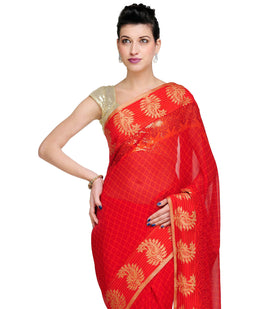 Rust Faux Georgette Printed Saree