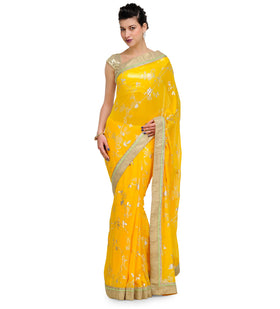 Yellow Faux Georgette Foil Printed Saree