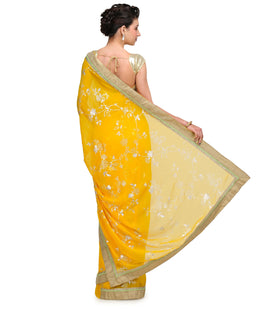 Yellow Faux Georgette Foil Printed Saree